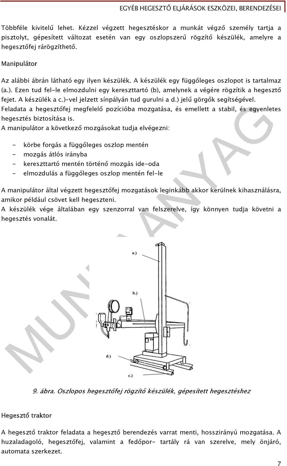 Ezen tud fel-le elmozdulni egy kereszttartó (b), amelynek a végére rögzítik a hegesztő fejet. A készülék a c.)-vel jelzett sínpályán tud gurulni a d.) jelű görgők segítségével.