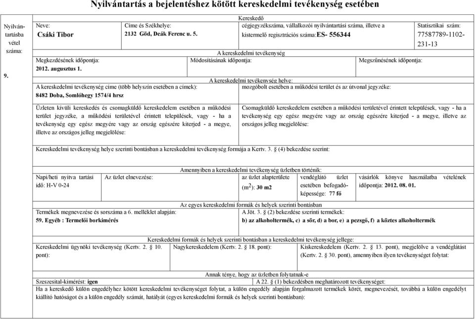 esetében a működési területével érintett települések, vagy - ha a illetve az Napi/heti nyitva tartási idő: H-V 0-24 Termékek megnevezése és sorszáma a 6. melléklet alapján: 59.