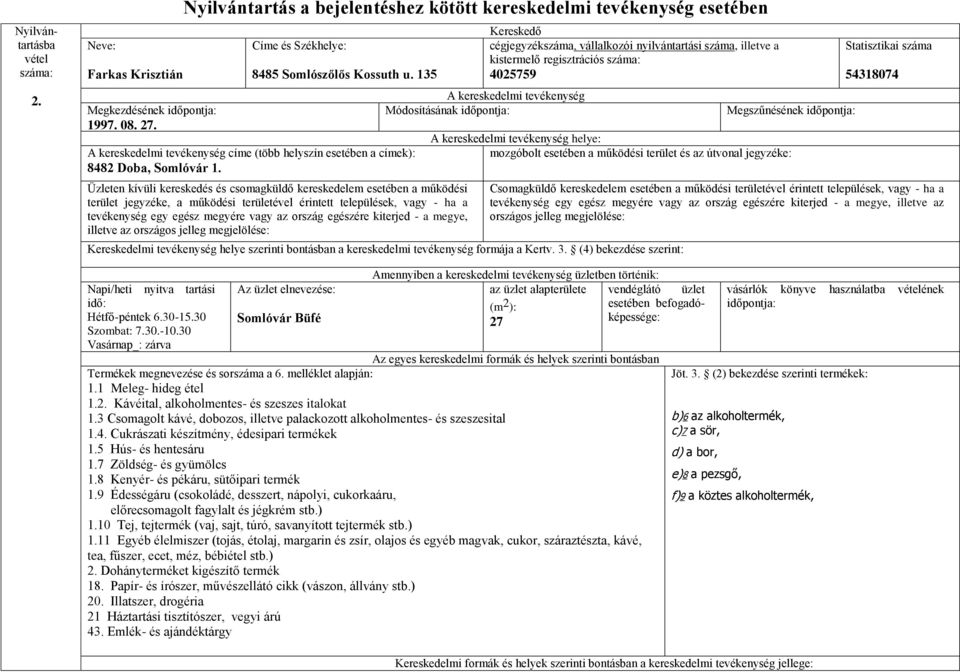 illetve az kistermelő regisztrációs 4025759 helye: Statisztikai száma 54318074 Csomagküldő kereskedelem esetében a működési területével érintett települések, vagy - ha a illetve az Napi/heti nyitva