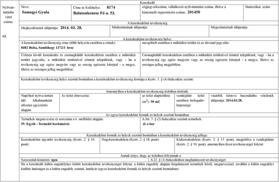 Napi/heti nyitva tartási idő: Alkalmanként előzetes egyeztetés alapján Termékek megnevezése és sorszáma a 6. melléklet alapján: 59.