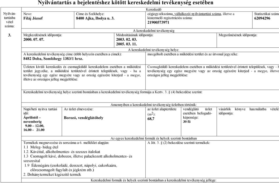 kistermelő regisztrációs 21900573971 helye: Statisztikai száma 62094296 illetve az Csomagküldő kereskedelem esetében a működési területével érintett települések, vagy - h illetve Napi/heti nyitva