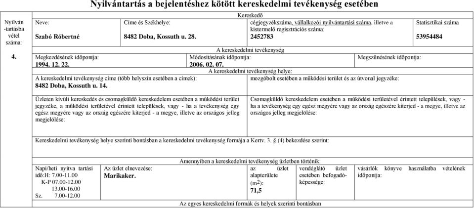 helye: Statisztikai száma 53954484 terület jegyzéke, a működési területével érintett települések, vagy - ha a tevékenység egy egész megyére vagy az ország egészére kiterjed - a megye, illetve az