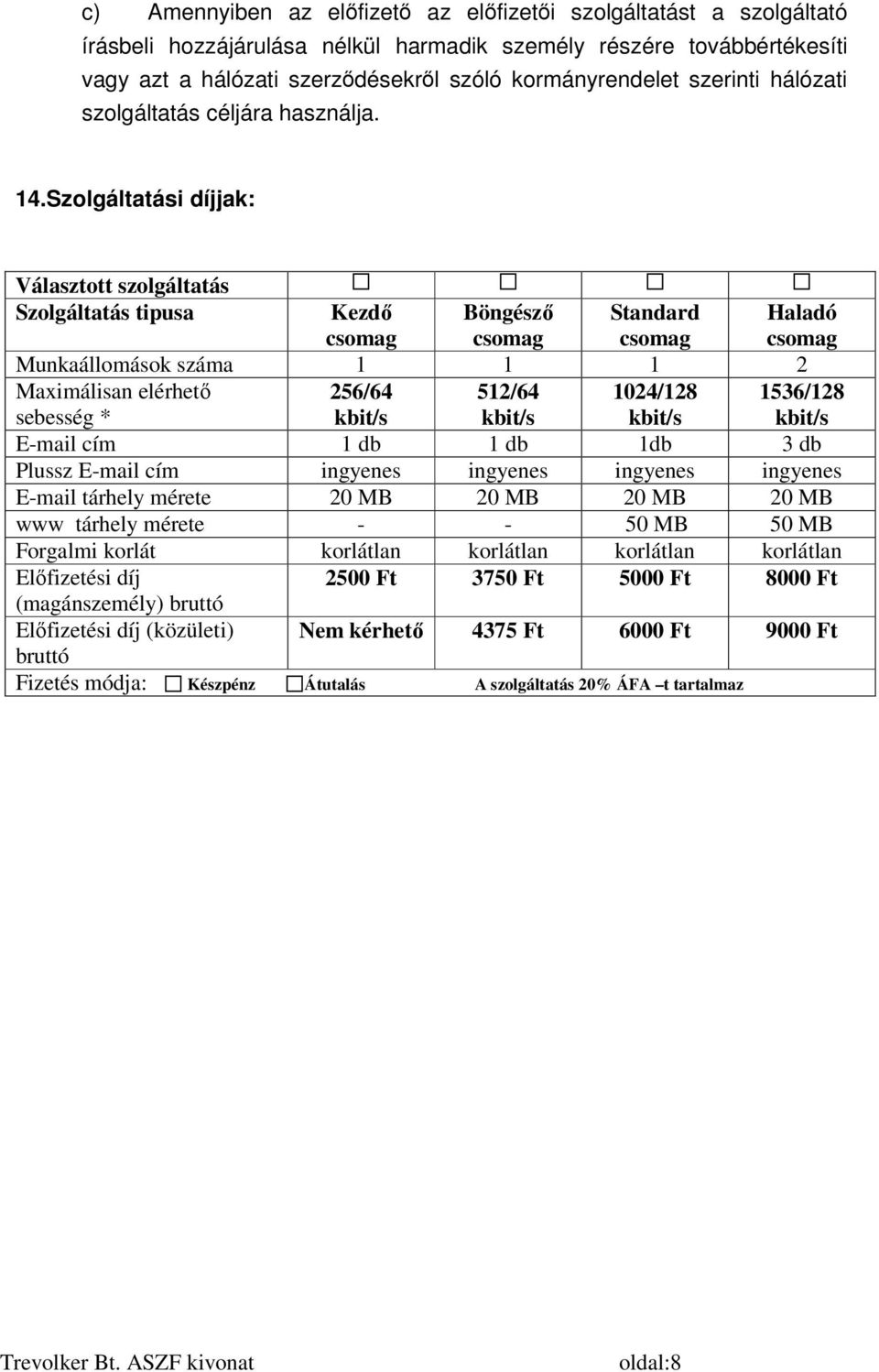 Szolgáltatási díjjak: Választott szolgáltatás Szolgáltatás tipusa Kezdő csomag Böngésző csomag Standard csomag Haladó csomag Munkaállomások száma 1 1 1 2 Maximálisan elérhető sebesség * 256/64 kbit/s