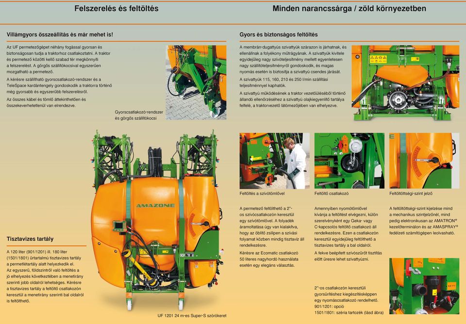 A traktor és permetezœ közötti kellœ szabad tér megkönnyíti a felszerelést. A görgœs szállítókocsival egyszerıen mozgatható a permetezœ.