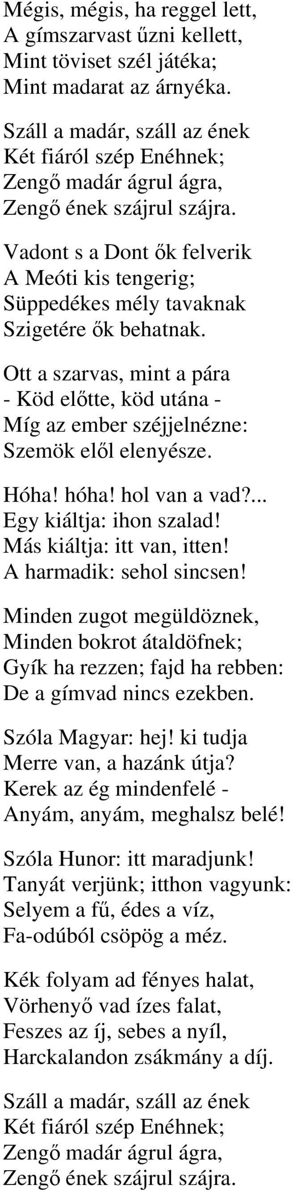 Hóha! hóha! hol van a vad?... Egy kiáltja: ihon szalad! Más kiáltja: itt van, itten! A harmadik: sehol sincsen!