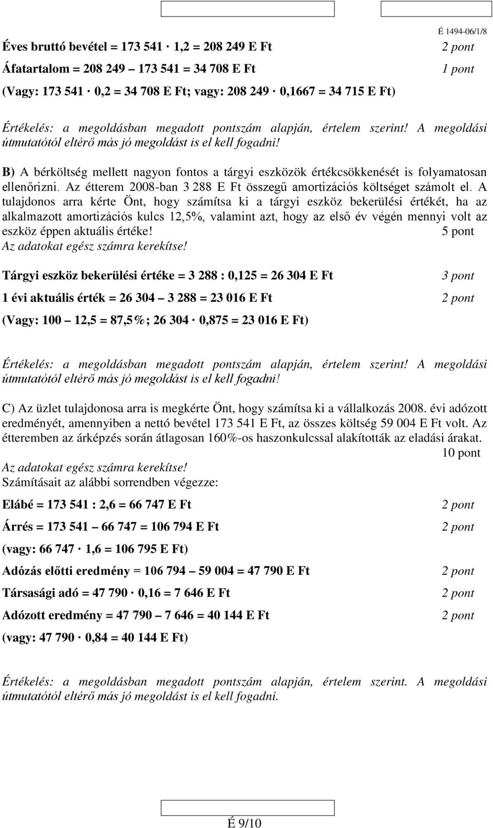 B) A bérköltség mellett nagyon fontos a tárgyi eszközök értékcsökkenését is folyamatosan ellenőrizni. Az étterem 2008-ban 3 288 E Ft összegű amortizációs költséget számolt el.