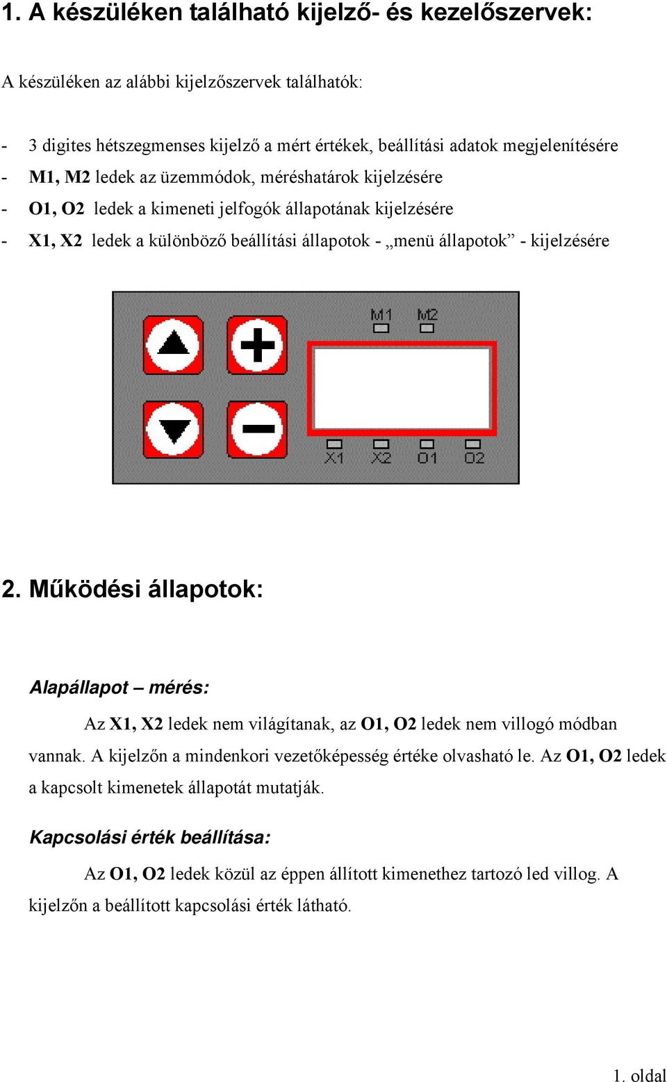 Működési állapotok: Alapállapot mérés: Az X1, X2 ledek nem világítanak, az O1, O2 ledek nem villogó módban vannak. A kijelzőn a mindenkori vezetőképesség értéke olvasható le.