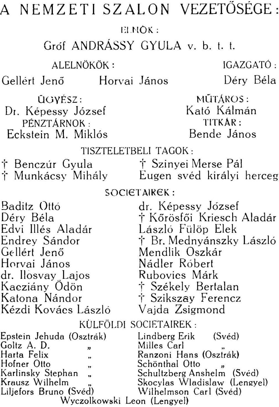 Képessy József Déry Béla t Kőrösfői Kriesch Aladár Edvi Illés Aladár László Fülöp Elek Endrey Sándor t Br. Mednyánszky László Gellért Jenő Mendlik Oszkár Horvai János Nádler Róbert dr.