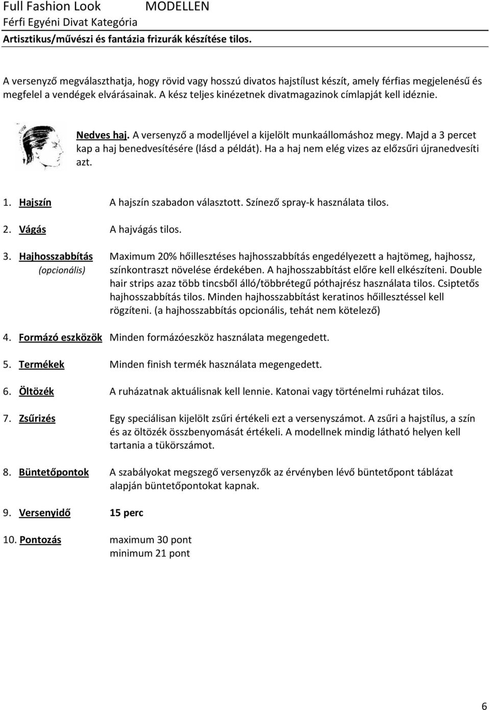 A kész teljes kinézetnek divatmagazinok címlapját kell idéznie. Nedves haj. A versenyző a modelljével a kijelölt munkaállomáshoz megy. Majd a 3 percet kap a haj benedvesítésére (lásd a példát).