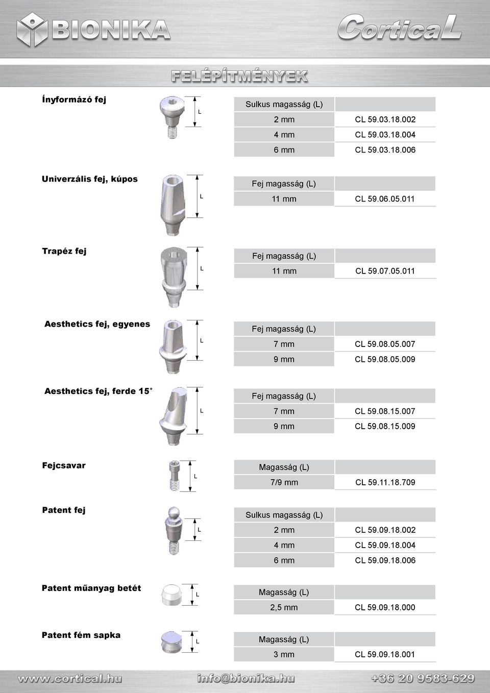 08.15.007 9 mm C 59.08.15.009 Fejcsavar Magasság () 7/9 mm C 59.11.18.709 Patent fej Sulkus magasság () 2 mm C 59.09.18.002 4 mm C 59.09.18.004 6 mm C 59.