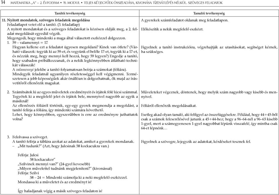 feladat megoldását egyedül végzik. Megengedi, hogy mindenki a maga által választott eszközzel dolgozzon. 1. 59 valamennyi = 17. Hogyan kellene ezt a feladatot ügyesen megoldani? Kinek van ötlete?