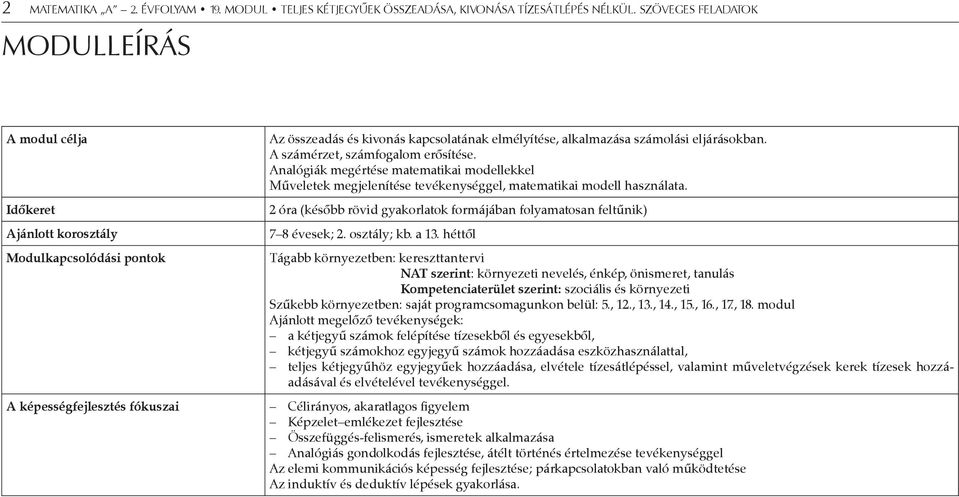 számolási eljárásokban. A számérzet, számfogalom erősítése. Analógiák megértése matematikai modellekkel Műveletek megjelenítése tevékenységgel, matematikai modell használata.