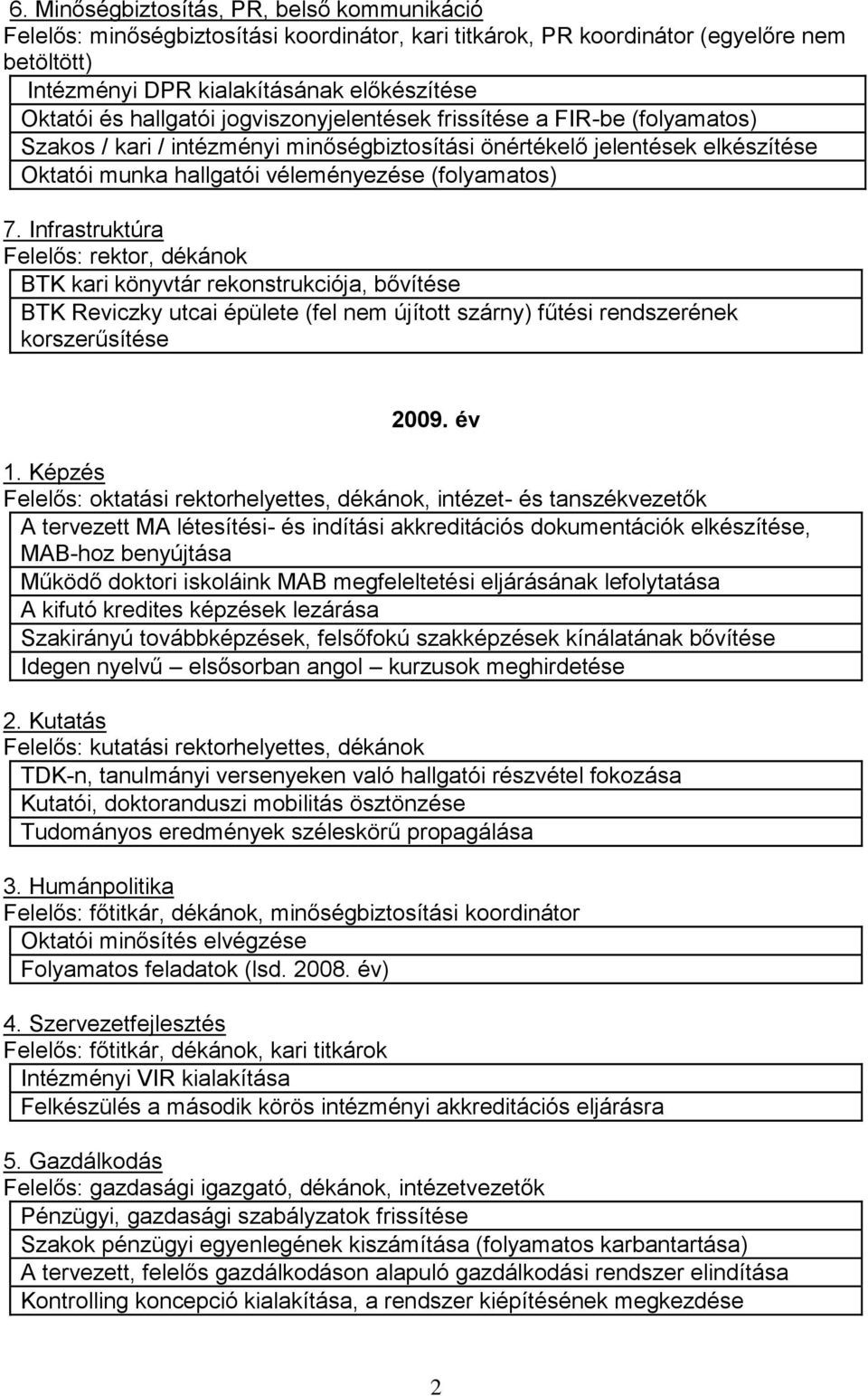 Infrastruktúra Felelős: rektor, dékánok BTK kari könyvtár rekonstrukciója, bővítése BTK Reviczky utcai épülete (fel nem újított szárny) fűtési rendszerének korszerűsítése 2009.