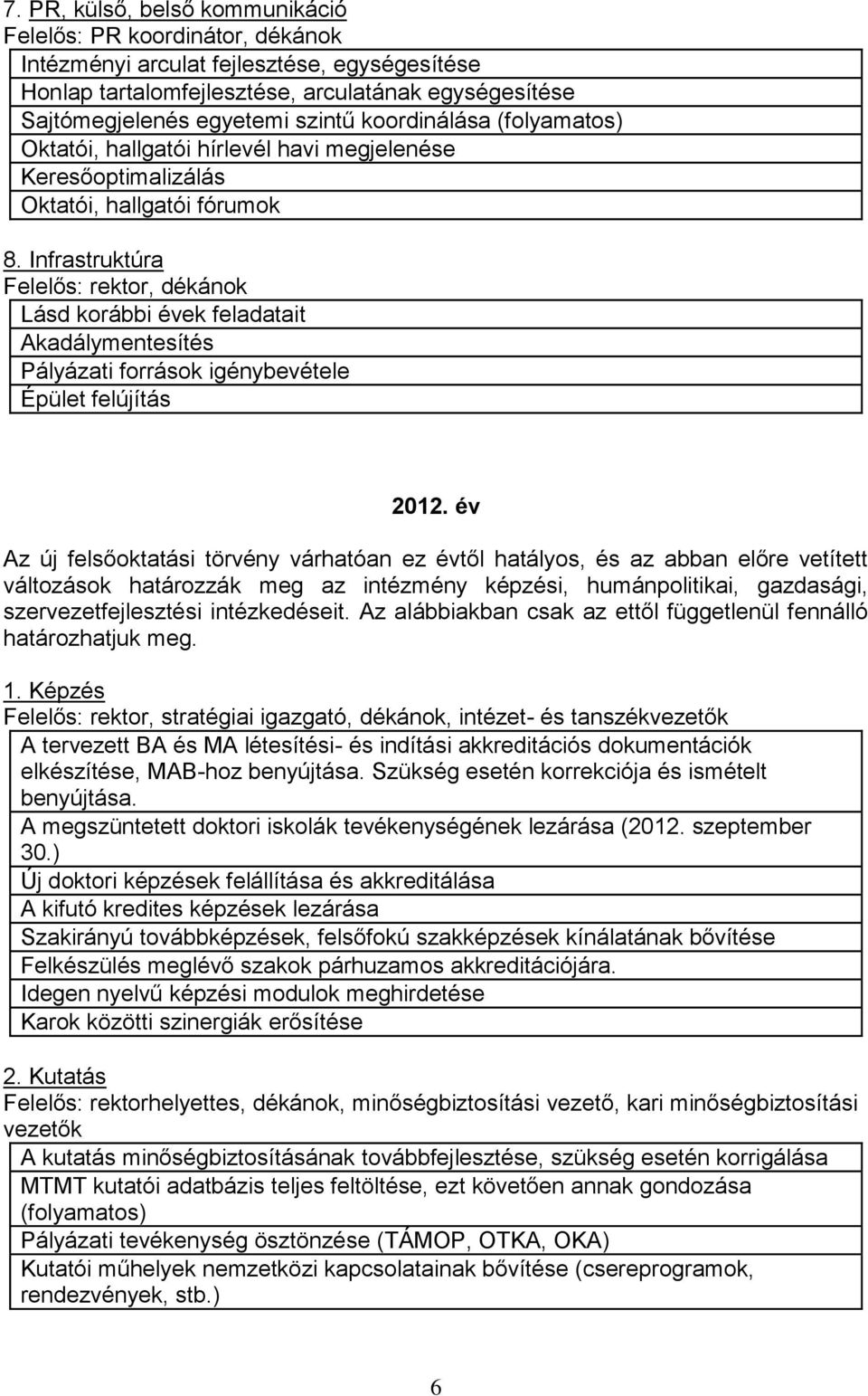 Infrastruktúra Felelős: rektor, dékánok Lásd korábbi évek feladatait Akadálymentesítés Pályázati források igénybevétele Épület felújítás 2012.