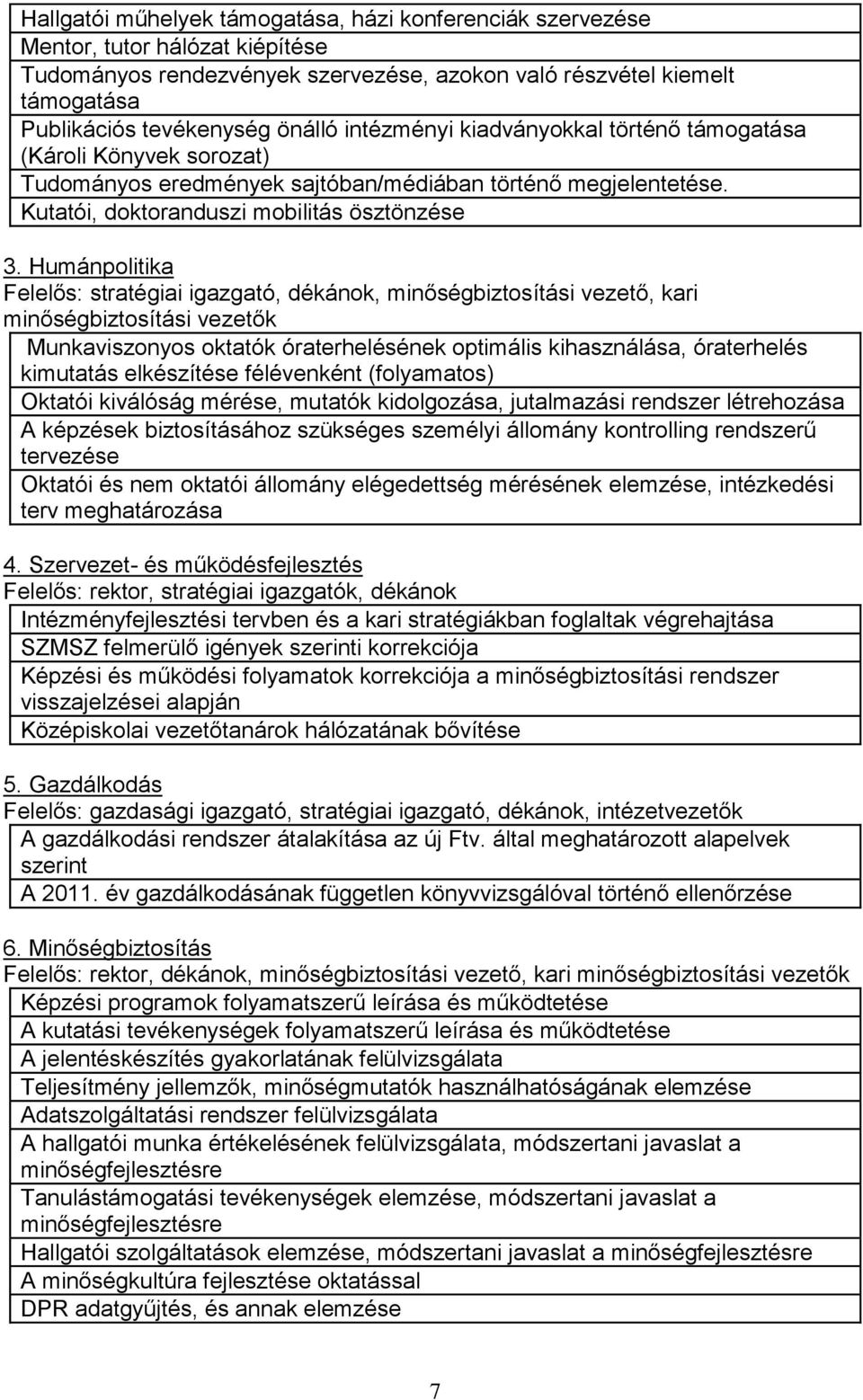 Humánpolitika Felelős: stratégiai igazgató, dékánok, minőségbiztosítási vezető, kari minőségbiztosítási vezetők Munkaviszonyos oktatók óraterhelésének optimális kihasználása, óraterhelés kimutatás