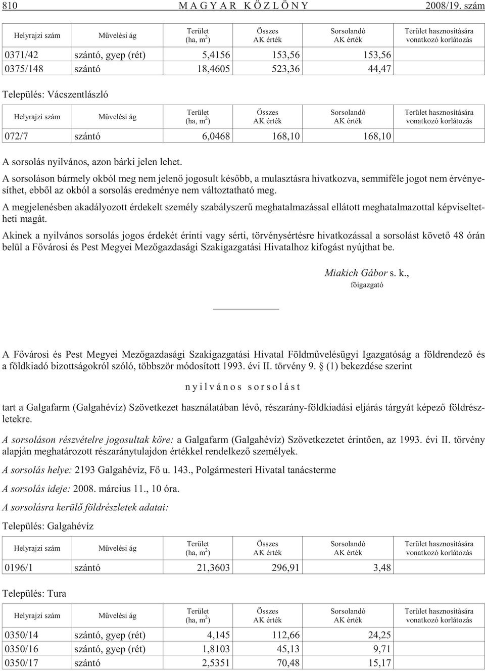 hasznosítására vo nat ko zó kor lá to zás Te le pü lés: Vác szent lász ló Helyrajzi szám Mûvelési ág Terület (ha, m 2 ) Összes AK ér ték Sor so lan dó AK ér ték 072/7 szán tó 6,0468 168,10 168,10