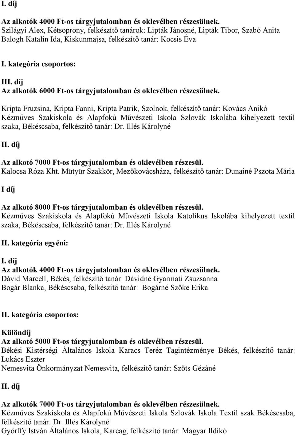 Kripta Fruzsina, Kripta Fanni, Kripta Patrik, Szolnok, felkészítő tanár: Kovács Anikó Kézműves Szakiskola és Alapfokú Művészeti Iskola Szlovák Iskolába kihelyezett textil szaka, Békéscsaba,