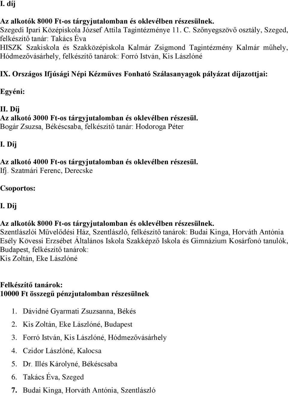 Lászlóné IX. Országos Ifjúsági Népi Kézműves Fonható Szálasanyagok pályázat díjazottjai: Egyéni: II. Díj Az alkotó 3000 Ft-os tárgyjutalomban és oklevélben részesül.