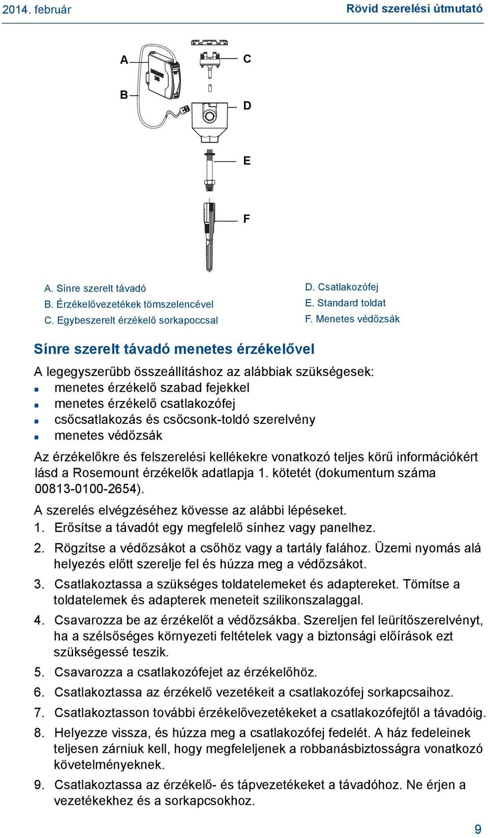 csőcsonk-toldó szerelvény menetes védőzsák Az érzékelőkre és felszerelési kellékekre vonatkozó teljes körű információkért lásd a Rosemount érzékelők adatlapja 1.