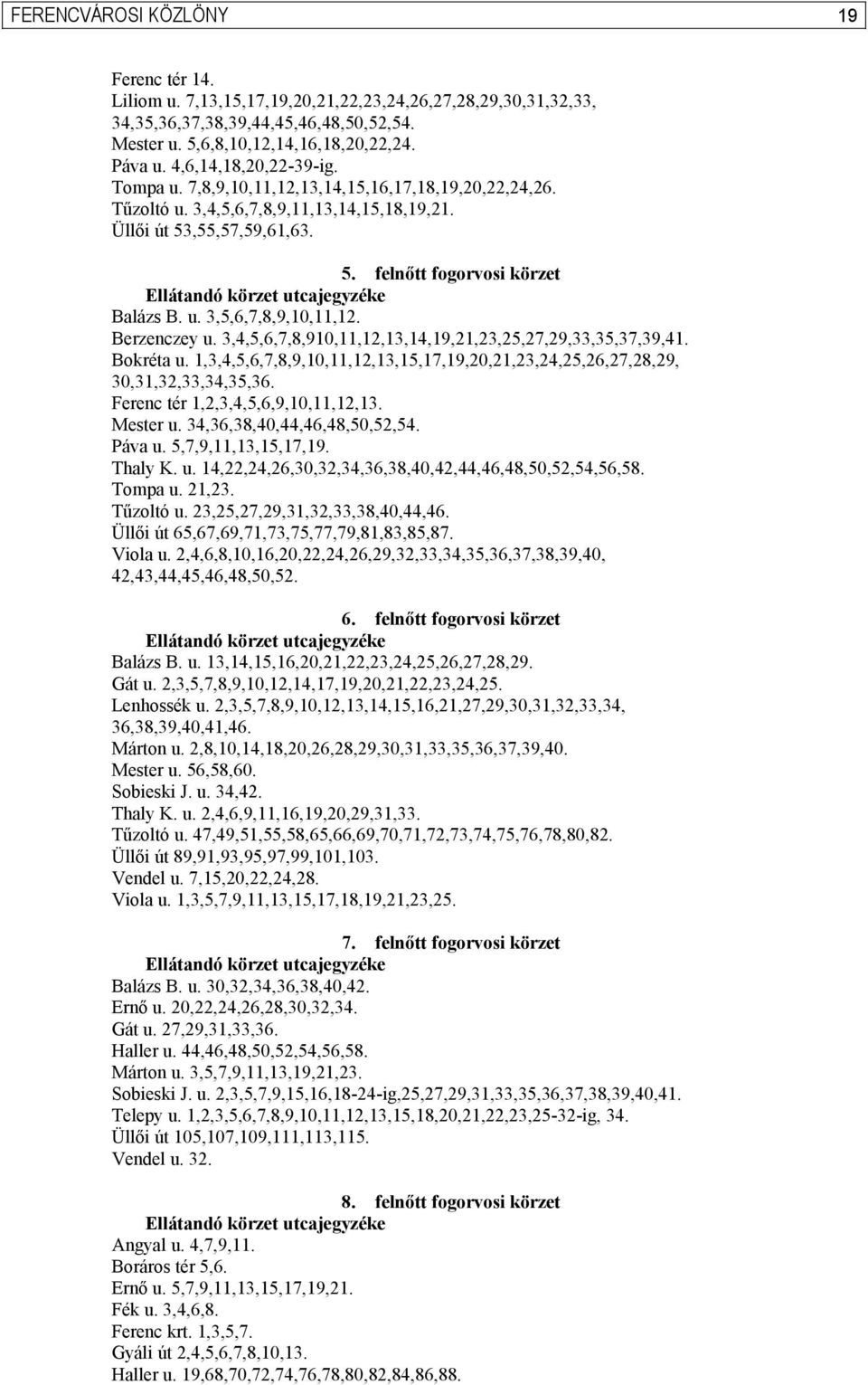 Berzenczey u. 3,4,5,6,7,8,910,11,12,13,14,19,21,23,25,27,29,33,35,37,39,41. Bokréta u. 1,3,4,5,6,7,8,9,10,11,12,13,15,17,19,20,21,23,24,25,26,27,28,29, 30,31,32,33,34,35,36.