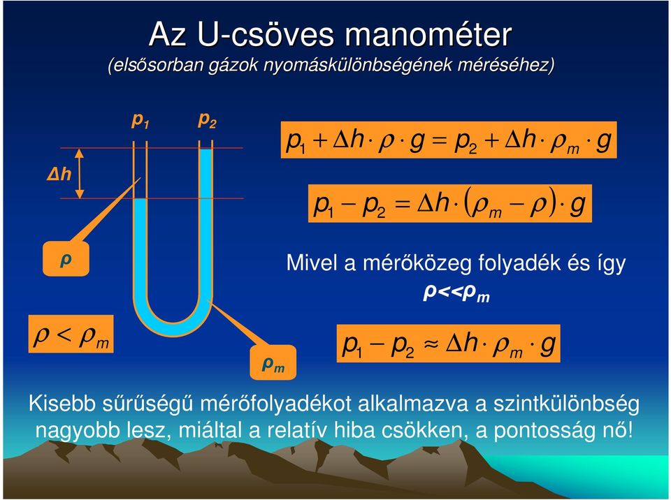 m Mivel a mérıközeg folyadék és így ρ<<ρ m p 1 p 2 h ρ m g Kisebb sőrőségő