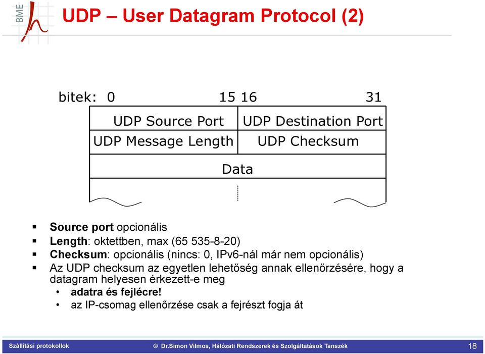 (nincs: 0, IPv6-nál már nem opcionális) Az UDP checksum az egyetlen lehetőség annak ellenőrzésére, hogy