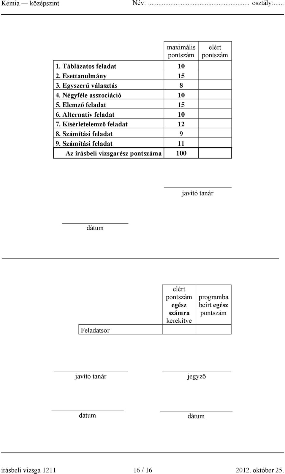 Számítási feladat 11 Az írásbeli vizsgarész pontszáma 100 elért pontszám javító tanár dátum Feladatsor elért