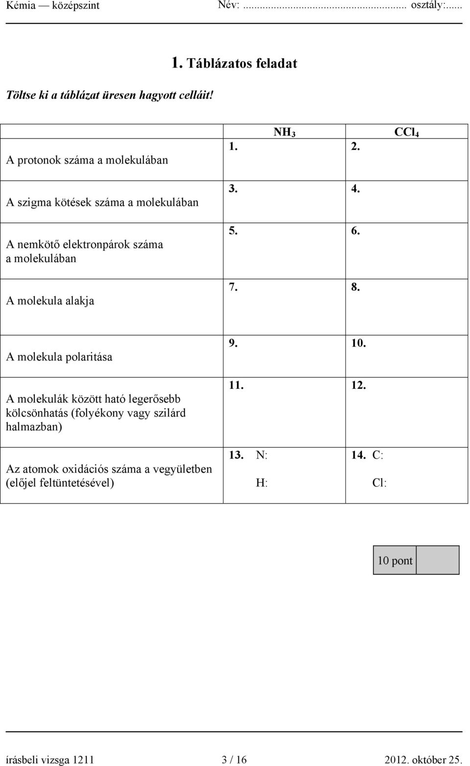 molekulában A molekula alakja NH 3 CCl 4 1. 2. 3. 4. 5. 6. 7. 8.