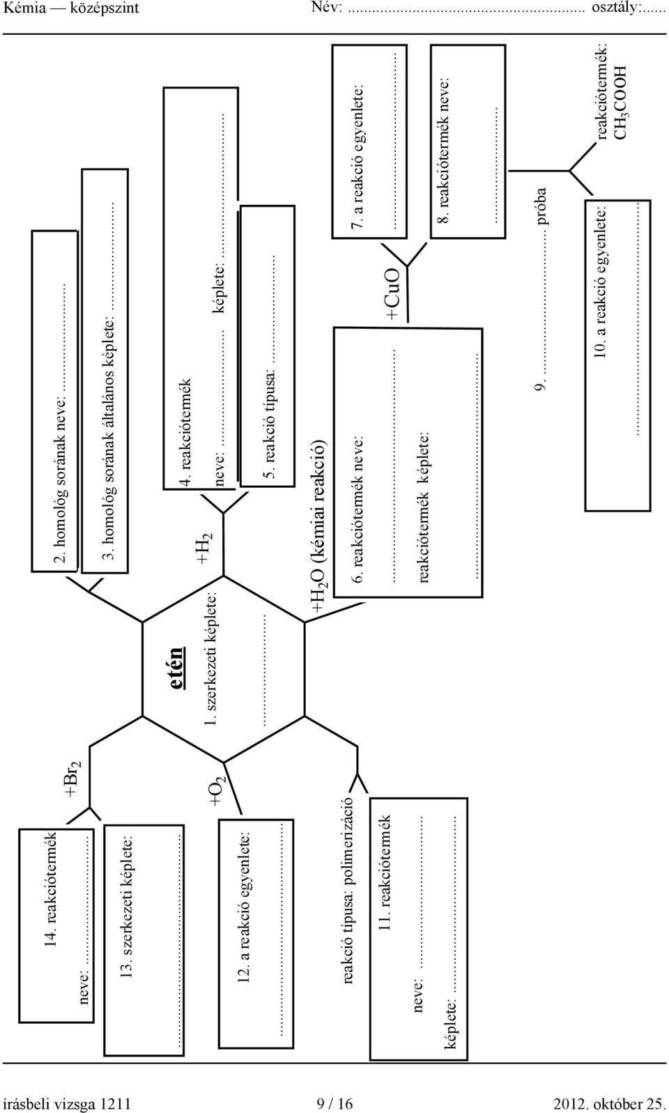 reakciótermék +H 2 neve:... képlete:...... 5. reakció típusa:... +H 2 O (kémiai reakció) 6. reakciótermék neve: 7. a reakció egyenlete:.