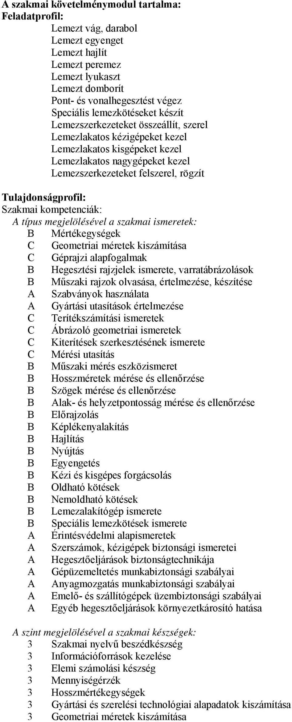 Tulajdonságprofil: Szakmai kompetenciák: típus megjelölésével a szakmai ismeretek: Mértékegységek Geometriai méretek kiszámítása Géprajzi alapfogalmak Hegesztési rajzjelek ismerete, varratábrázolások