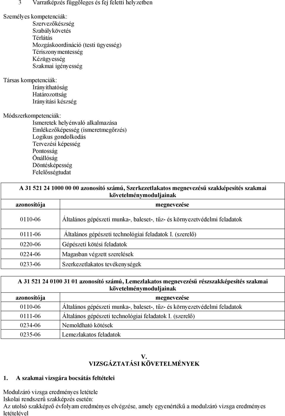 képesség Pontosság Önállóság Döntésképesség Felelősségtudat 31 521 24 1000 00 00 azonosító számú, Szerkezetlakatos megnevezésű szakképesítés szakmai követelménymoduljainak azonosítója megnevezése