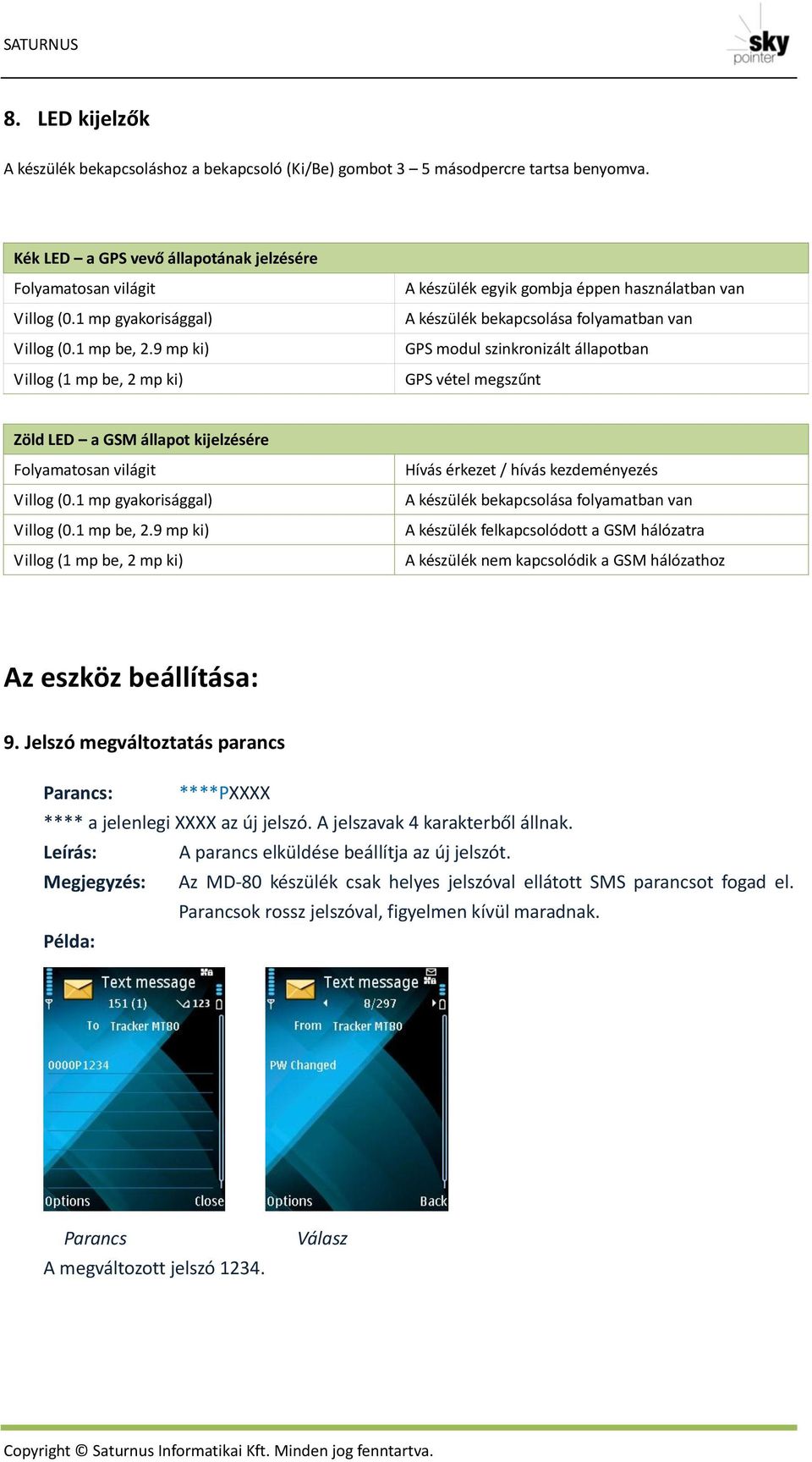 9 mp ki) Villog (1 mp be, 2 mp ki) A készülék egyik gombja éppen használatban van A készülék bekapcsolása folyamatban van GPS modul szinkronizált állapotban GPS vétel megszűnt Zöld LED a GSM állapot