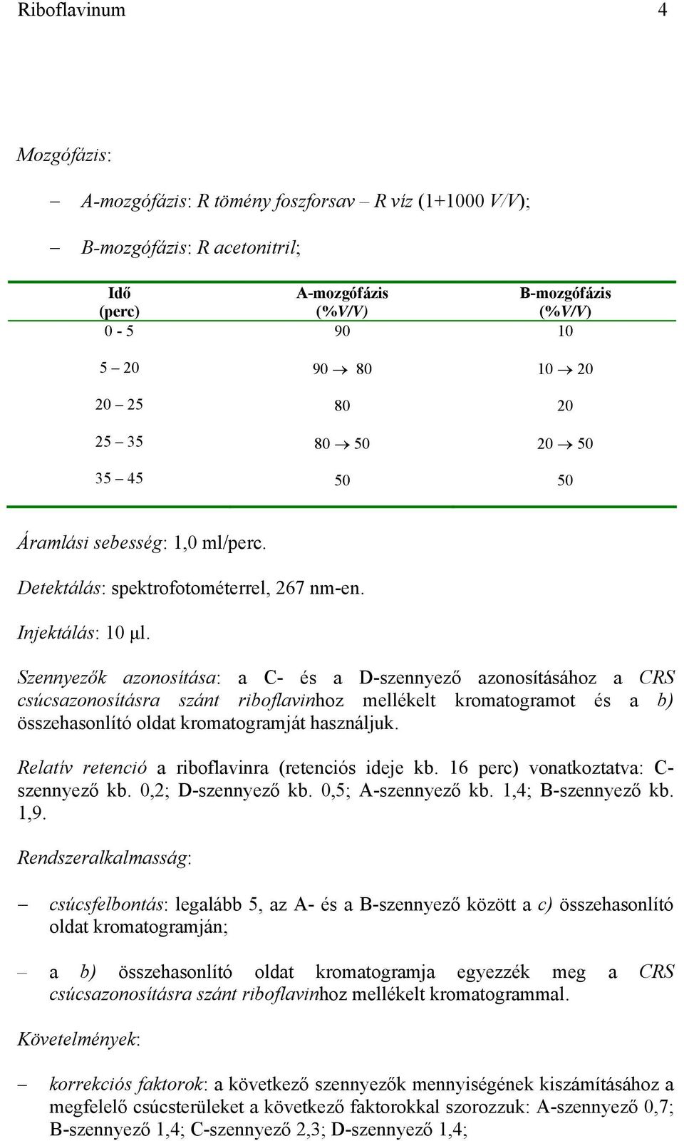 Szennyezők azonosítása: a C- és a D-szennyező azonosításához a CRS csúcsazonosításra szánt riboflavinhoz mellékelt kromatogramot és a b) összehasonlító oldat kromatogramját használjuk.