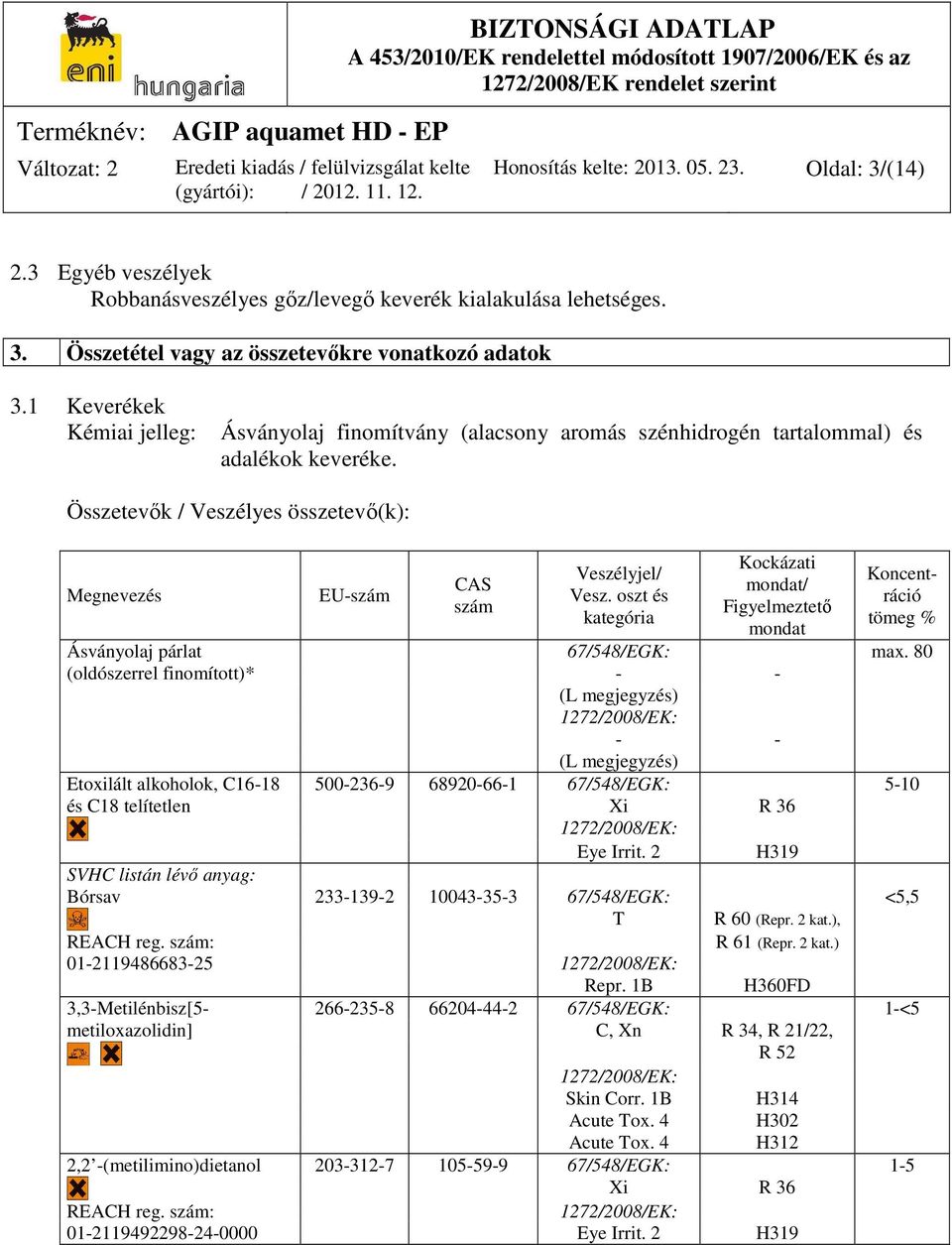 oszt és kategória Kockázati mondat/ Figyelmeztető mondat Koncentráció tömeg % Ásványolaj párlat 67/548/EGK: max.