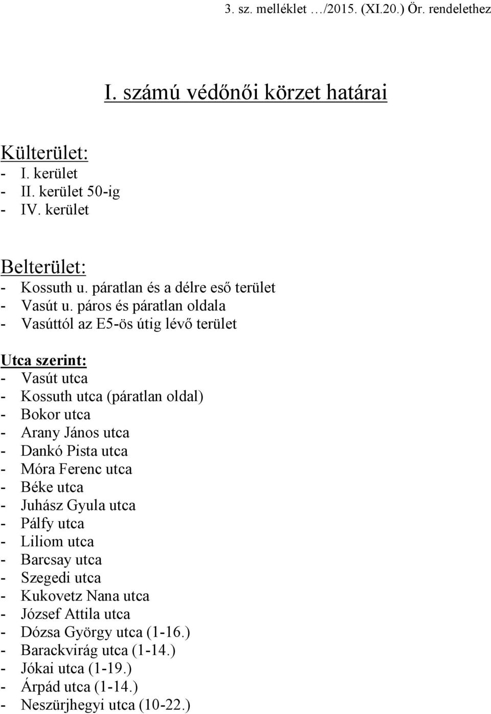 páros és páratlan oldala - Vasúttól az E5-ös útig lévő terület Utca szerint: - Vasút utca - Kossuth utca (páratlan oldal) - Bokor utca - Arany János utca - Dankó