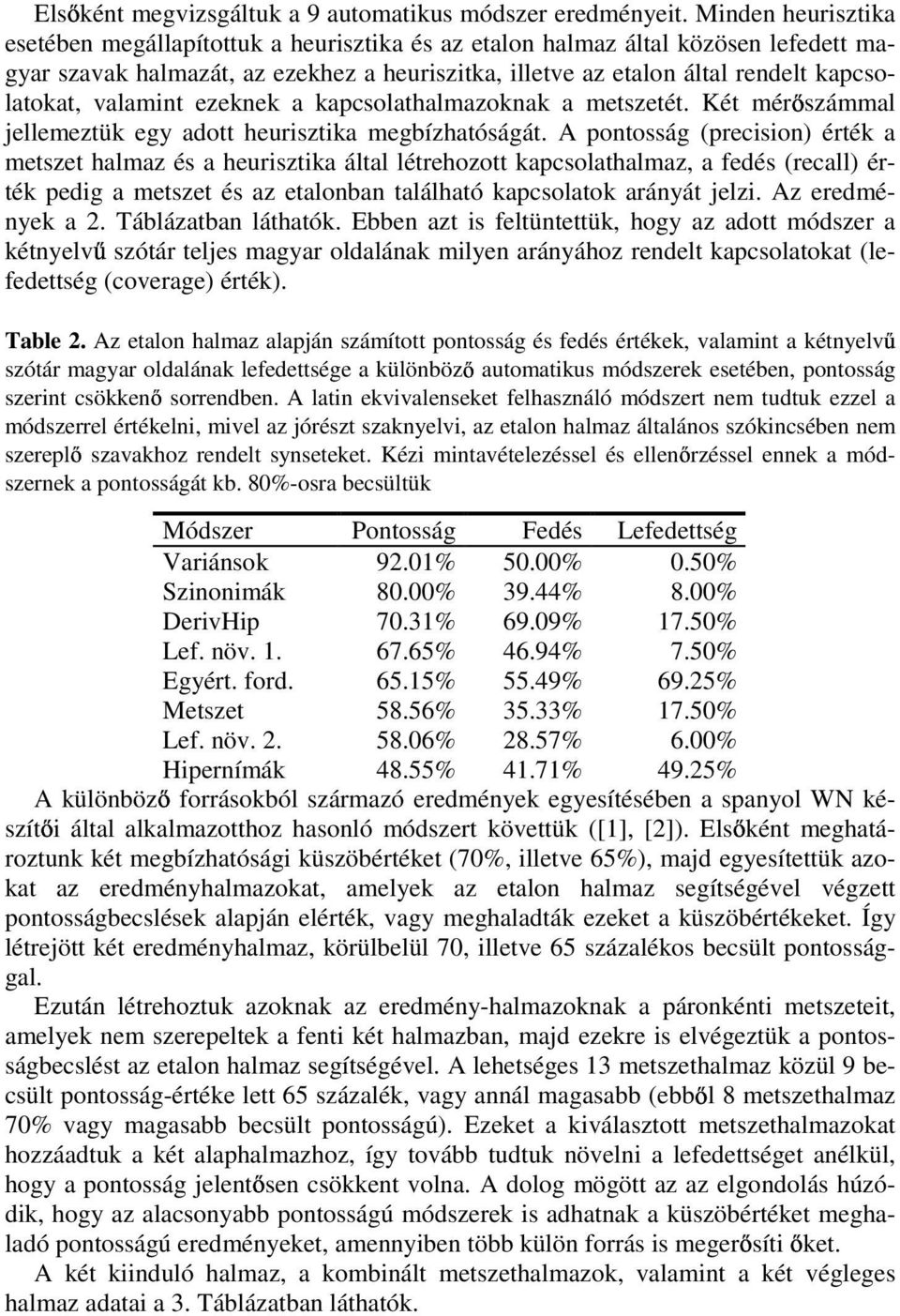 valamint ezeknek a kapcsolathalmazoknak a metszetét. Két mér számmal jellemeztük egy adott heurisztika megbízhatóságát.