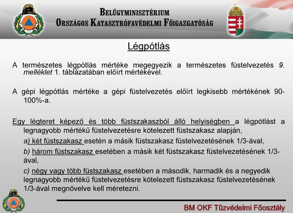 Egy légteret képező és több füstszakaszból álló helyiségben a légpótlást a legnagyobb mértékű füstelvezetésre kötelezett füstszakasz alapján, a) két füstszakasz esetén a