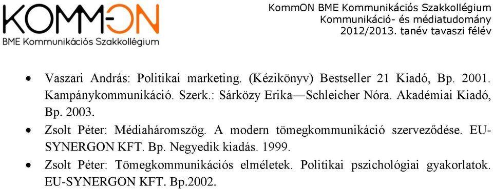 Zsolt Péter: Médiaháromszög. A modern tömegkommunikáció szerveződése. EU- SYNERGON KFT. Bp.