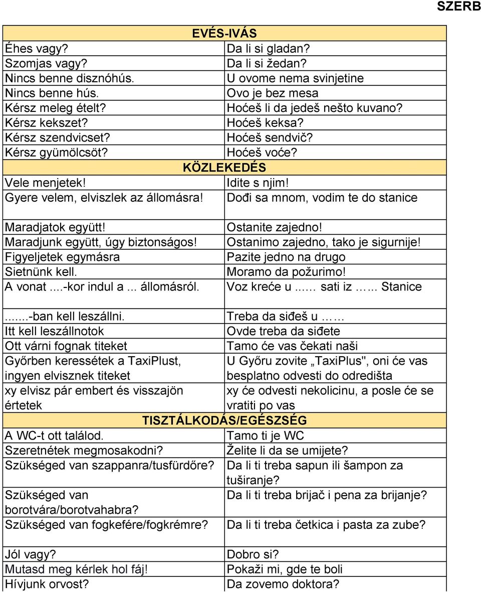 Dođi sa mnom, vodim te do stanice Maradjatok együtt! Maradjunk együtt, úgy biztonságos! Figyeljetek egymásra Sietnünk kell. A vonat...-kor indul a... állomásról. Ostanite zajedno!
