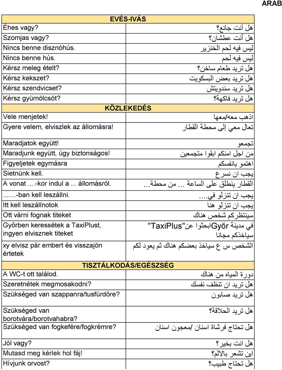 ھل أنت جاي ع ھل ٱنت عطشان لیس فیھ لحم الخنزیر لیس فیھ لحم ھل ترید طعام ساخن ھل ترید بعض البسكویت ھل ترید سندویتش ھل ترید فاكھة اذھب معھ/معھا تعال معي إلى محطة القطار تجمعو من اجل امنكم ابقوا متجمعین