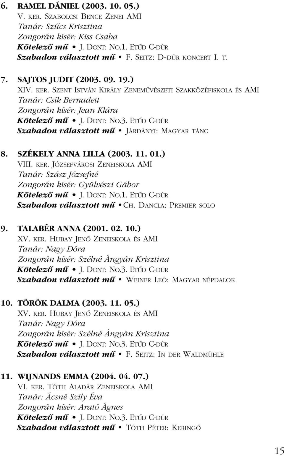 3. ETÛD C-DÚR Szabadon választott mû JÁRDÁNYI: MAGYAR TÁNC 8. SZÉKELY ANNA LILLA (2003. 11. 01.) VIII. KER.