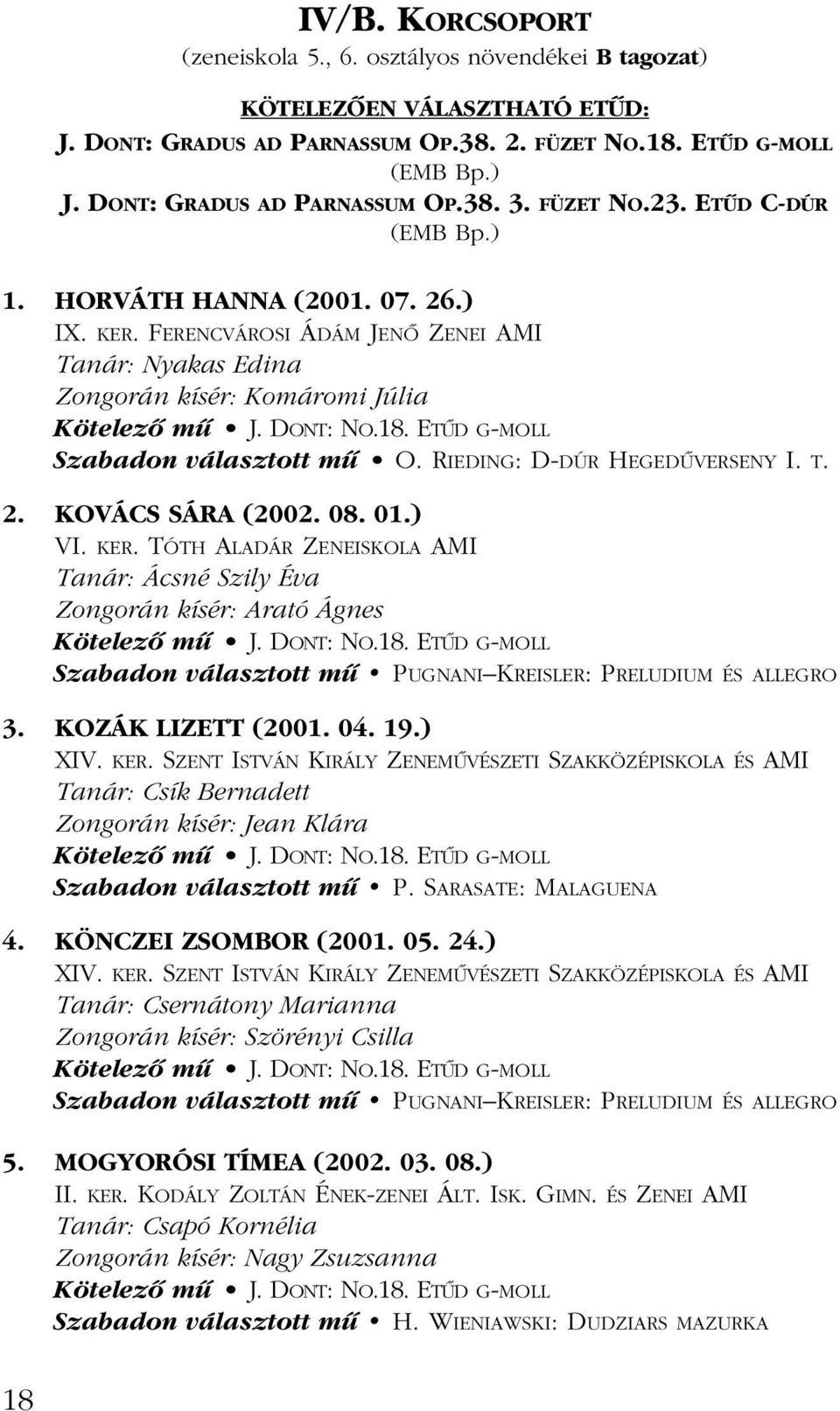FERENCVÁROSI ÁDÁM JENÔ ZENEI AMI Tanár: Nyakas Edina Zongorán kísér: Komáromi Júlia Szabadon választott mû O. RIEDING: D-DÚR HEGEDÛVERSENY I. T. 2. KOVÁCS SÁRA (2002. 08. 01.) VI. KER.