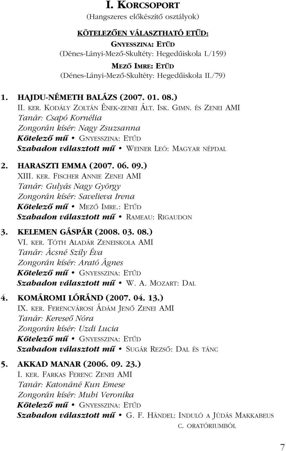 ÉS ZENEI AMI Tanár: Csapó Kornélia Zongorán kísér: Nagy Zsuzsanna Kötelezô mû GNYESSZINA: ETÛD Szabadon választott mû WEINER LEÓ: MAGYAR NÉPDAL 2. HARASZTI EMMA (2007. 06. 09.) XIII. KER.