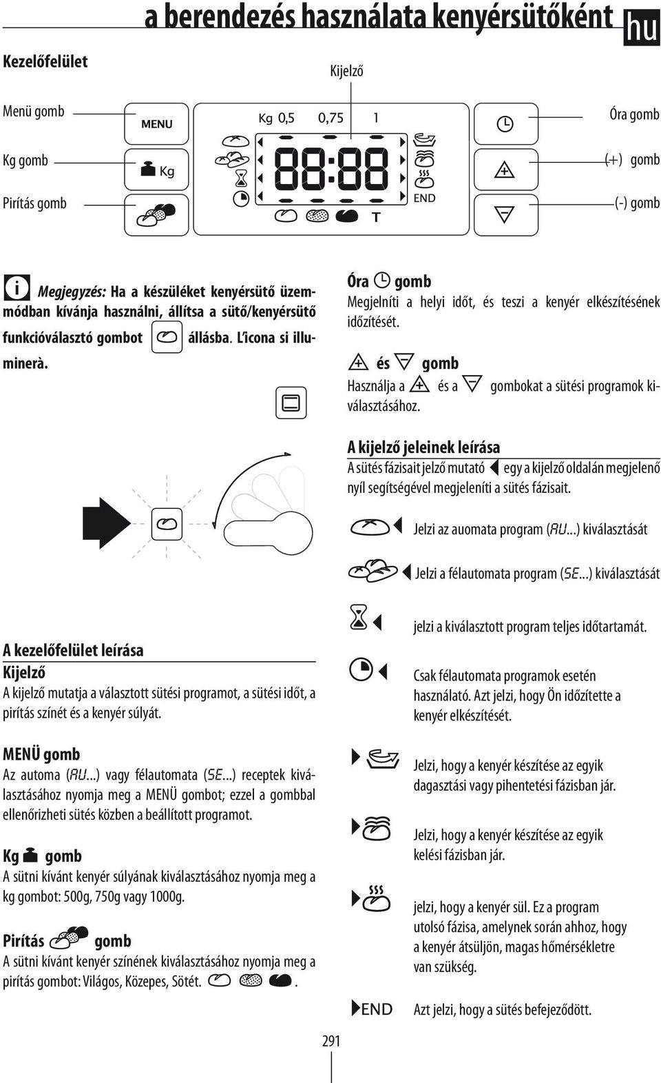 és a gombokat a sütési programok ki- A kijelző jeleinek leírása A sütés fázisait jelző mutató egy a kijelző oldalán megjelenő nyíl segítségével megjeleníti a sütés fázisait.