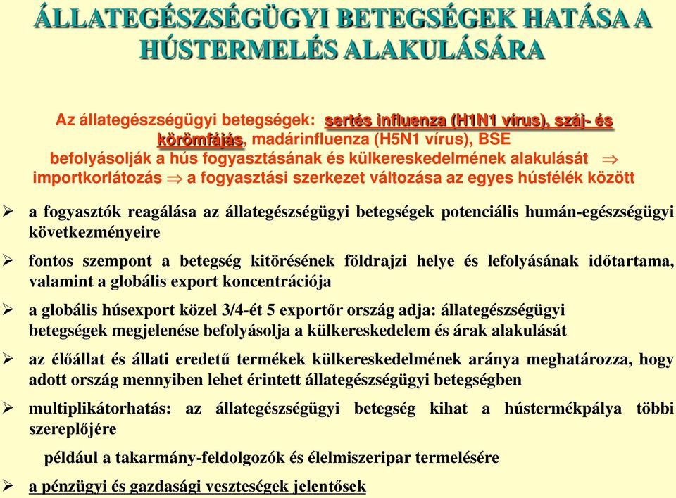 humán-egészségügyi következményeire fontos szempont a betegség kitörésének földrajzi helye és lefolyásának időtartama, valamint a globális export koncentrációja a globális húsexport közel 3/4-ét 5