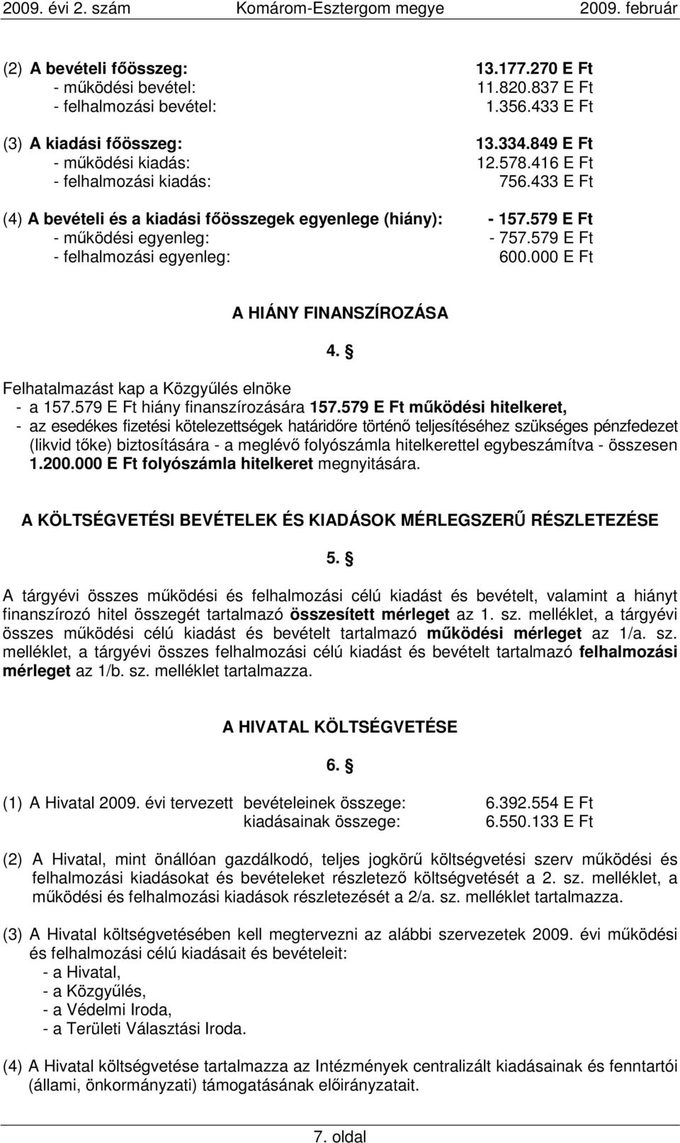 000 E Ft A HIÁNY FINANSZÍROZÁSA 4. Felhatalmazást kap a Közgyőlés elnöke - a 157.579 E Ft hiány finanszírozására 157.