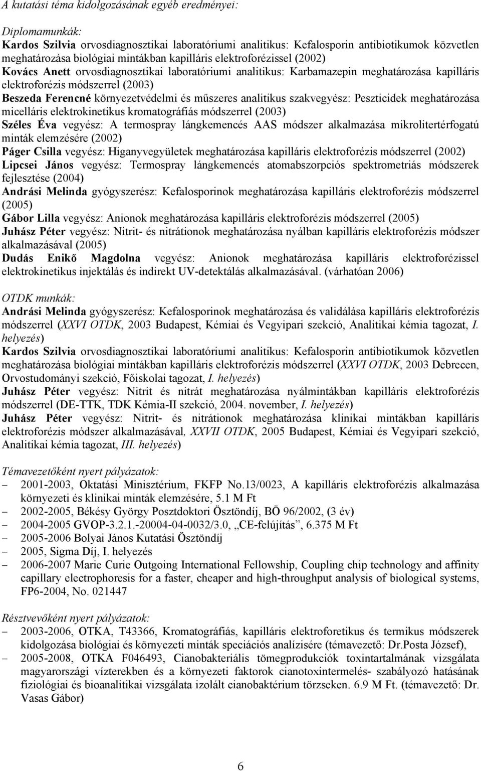és műszeres analitikus szakvegyész: Peszticidek meghatározása micelláris elektrokinetikus kromatográfiás módszerrel (2003) Széles Éva vegyész: A termospray lángkemencés AAS módszer alkalmazása