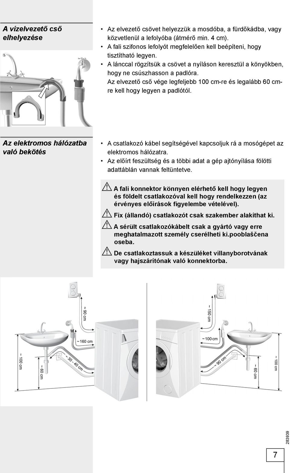Az elvezető cső vége legfeljebb 100 cm-re és legalább 60 cmre kell hogy legyen a padlótól.