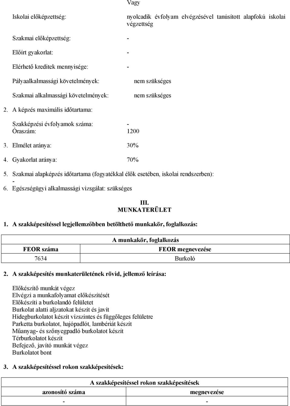 Gyakorlat aránya: 70% 5. Szakmai alapképzés időtartama (fogyatékkal élők esetében, iskolai rendszerben): - 6. Egészségügyi alkalmassági vizsgálat: szükséges III. MUNKATERÜLET 1.