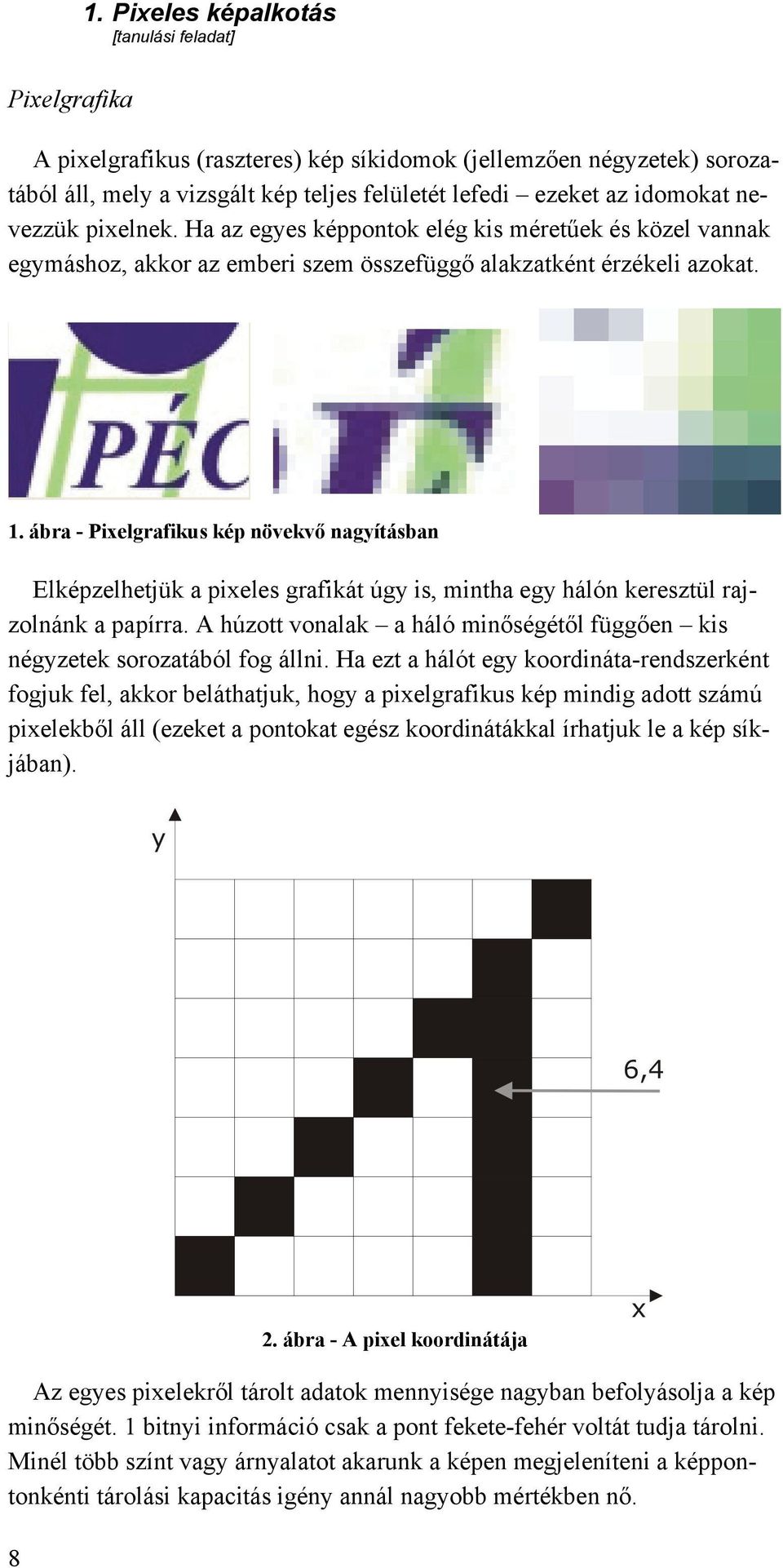 pixelnek. Ha az egyes képpontok elég kis méretűek és közel vannak egymáshoz, akkor az emberi szem összefüggő alakzatként érzékeli azokat. 1.